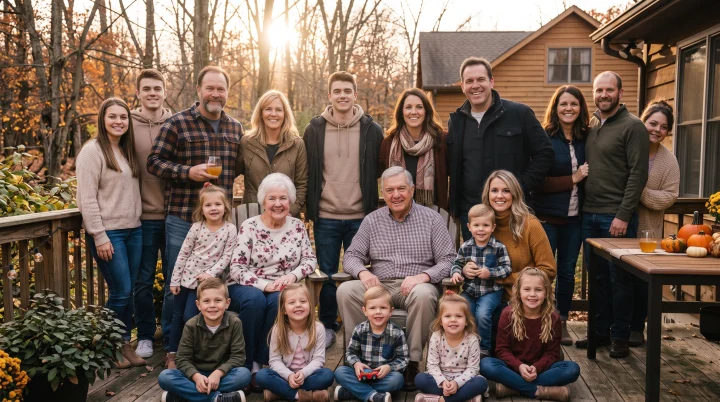Our family on the back porch that Thanksgiving — Rachel is at the far right, half a step behind everyone else